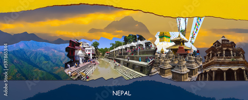 Collage of popular Nepalese travel destinations - Kathmandu valley and Himalaya mountains. Begnas Tal, Nepal with the Annapurna Himalaya visible in the background at sunset photo