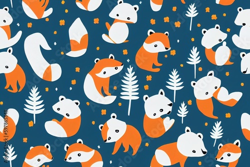 cute panda and fox face on a blue background, colorful asian bear and fox, woodland animals kids seamless pattern background design, wrapping paper baby forest print. Generative AI