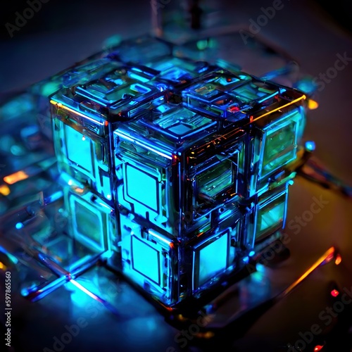Cose up on a blue and cyan Rubik cube. Futuristic concept. Generative AI. 
