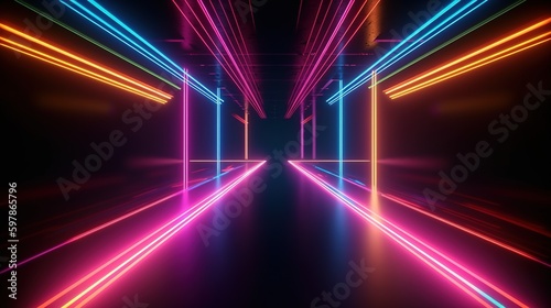 Abstract background of colorful neon tunnel / portal glowing in the dark. Modern simple wallpaper, render 3D. Generative AI. 