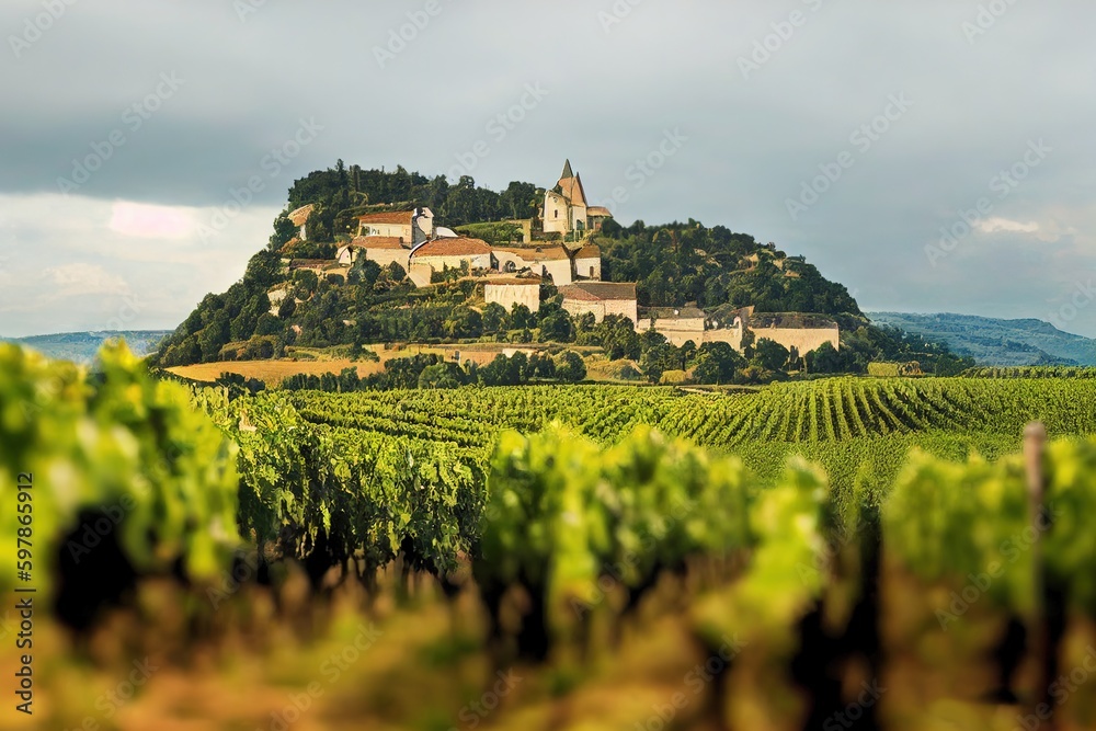 La Roche de Solutre with vineyards, Burgundy, France. Generative AI