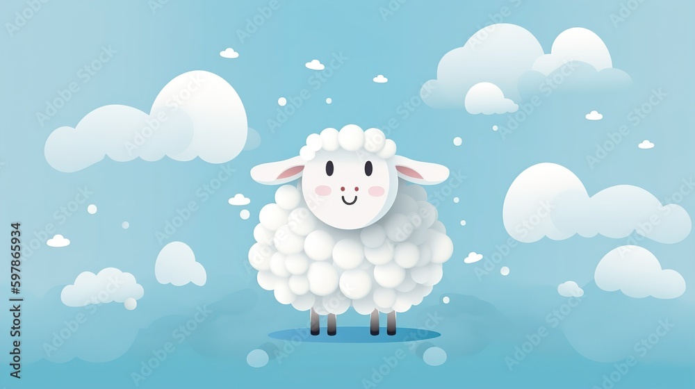 Naklejka premium Cartoon Sheep in the clouds on a pale blue background. AI generation