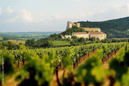 Landscape with vineyards, Burgundy, France. Generative AI