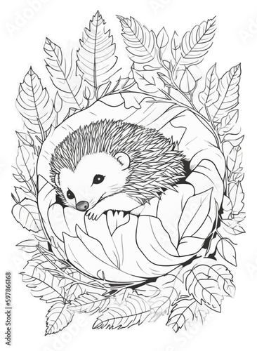 Hedgehog vector coloring book black and white for adults isolated line art on white background.