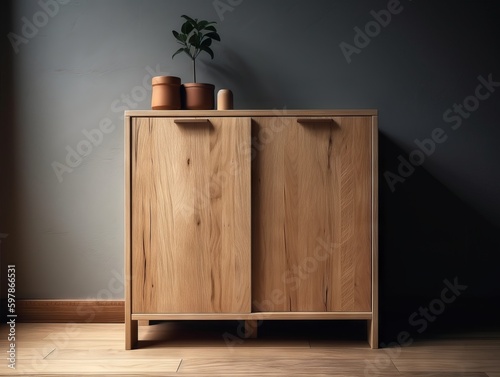 A wooden cabinet with clean lines and simple hardware, used for storing and displaying dinnerware or other household items