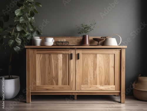 A wooden cabinet with clean lines and simple hardware, used for storing and displaying dinnerware or other household items