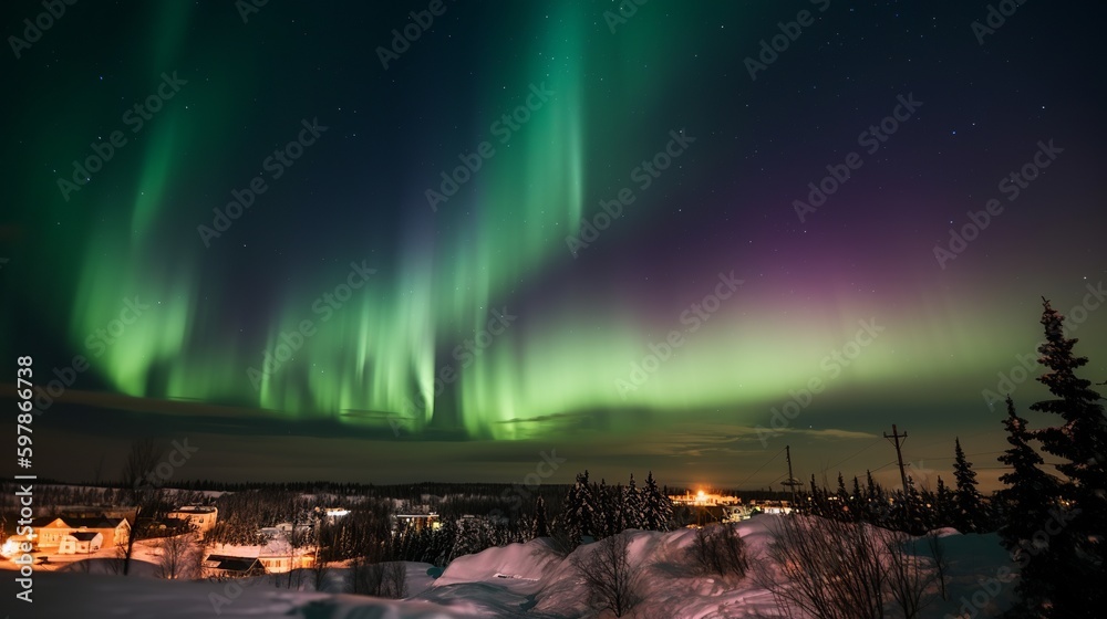 The amazing night skies over Yellowknife, Northwest Territories of Canada putting on an aurora borealis show Generative AI