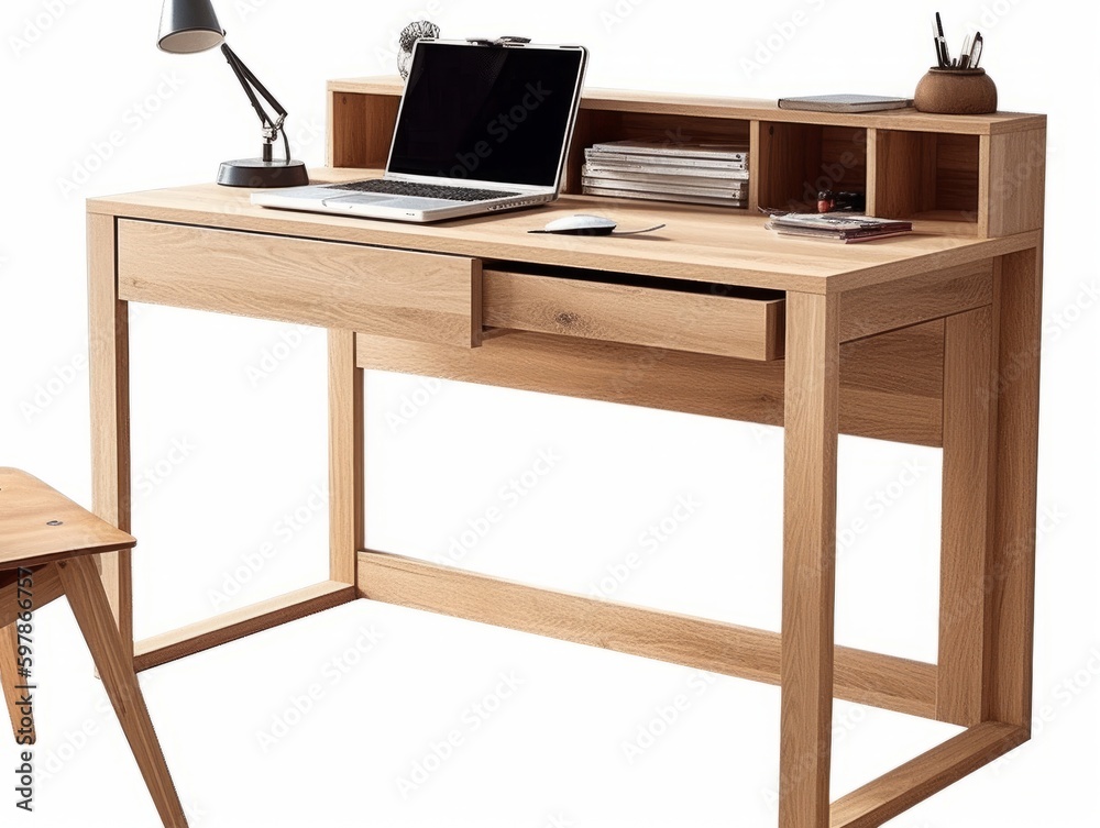 A wooden desk with a built-in shelf and drawer, perfect for a modern home office A wooden desk with a built-in shelf and drawer, perfect for a modern home office