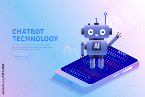 Chatbot technology Cute cartoon robot AI content generator Technology and engineering AI chat bot based on artificial intelligence and neural networks Online training Vector isometric illustration