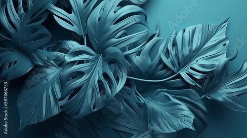 tropical leaves,foliage plant in blue color with space background Generative AI