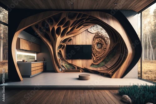 The Splendidness of Nature and Wood Unveiled Through a Home. Generative AI photo