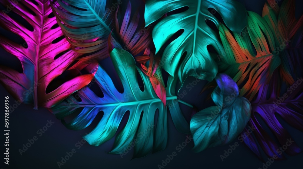 Creative fluorescent color layout made of tropical leaves. Flat lay neon colors. Nature concept Generative AI