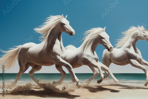 Three white horses galloping on the beach. Generative AI