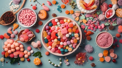 Colourful candy in bowl. Generative AI