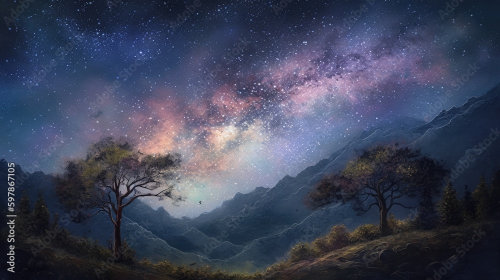 Stars and milkyway over mountains, generative ai