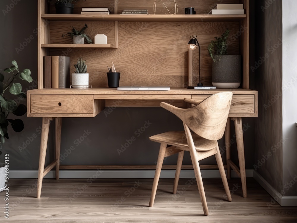 A wooden desk with a built-in shelf and drawer, perfect for a modern home office A wooden desk with a built-in shelf and drawer, perfect for a modern home office