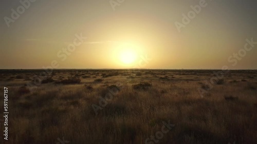 A very beautiful, soft dawn over a field of dry grass. Drone flying low over the ground towards the sun. Semi-arid climate. Earth climate change concept. 