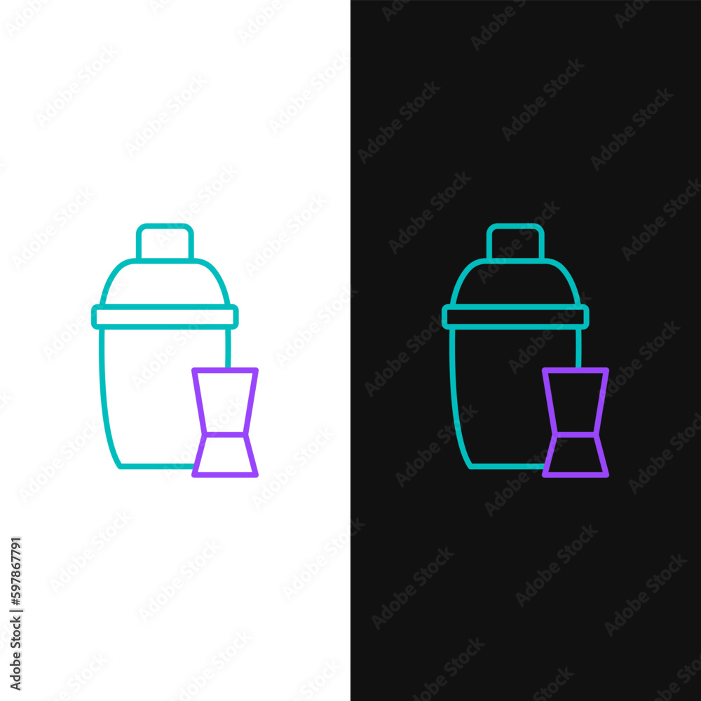Line Cocktail shaker with cocktail glass icon isolated on white and black background. Colorful outline concept. Vector Line Cocktail shaker with cocktail glass icon isolated on white and black background. Colorful outline concept. Vector