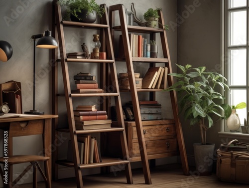A wooden bookshelf with a ladder, showcasing a collection of books and decorative objects