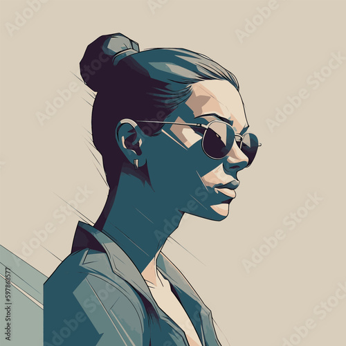 Fashion portrait of a model girl in sunglasses. Poster or flyer in trendy retro colors. Vector illustration