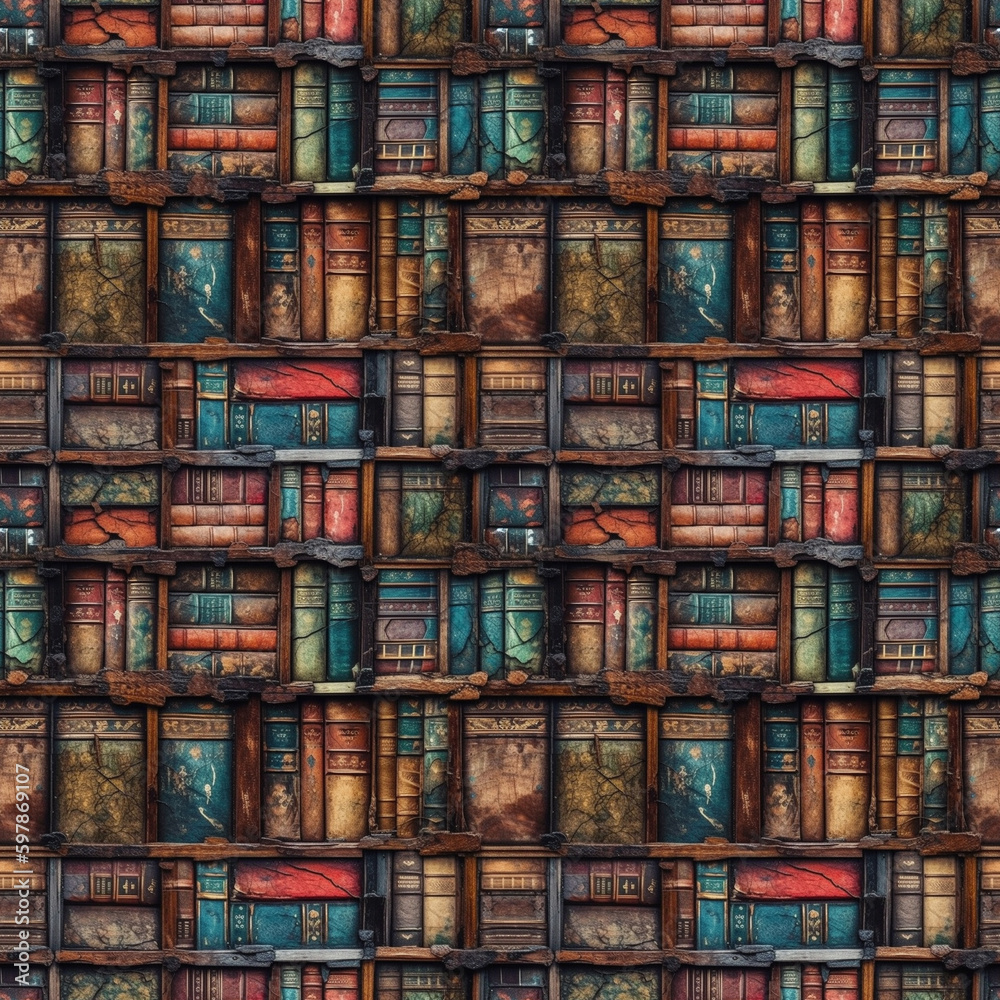 Old books on wooden shelf in library. AI generative illustration. Old books on wooden shelf in library. AI generative illustration.