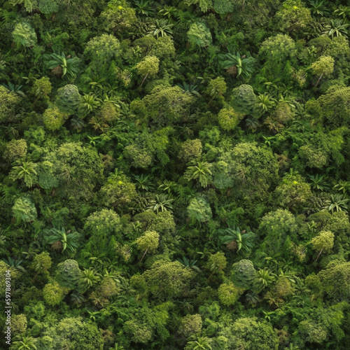Aerial top view of summer green trees and palms in forest. AI generative illustration.