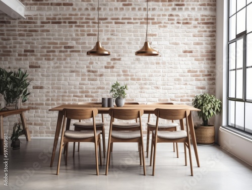 A sleek and minimalistic wooden dining table with matching chairs  set against a white brick wall