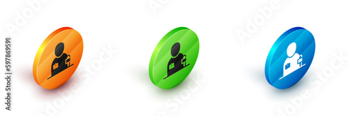 Isometric Journalist news reporter with microphone icon isolated on white background. Circle button. Vector