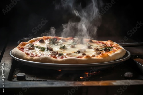 Freshly baked pizza steaming on a stone countertop. Generative AI