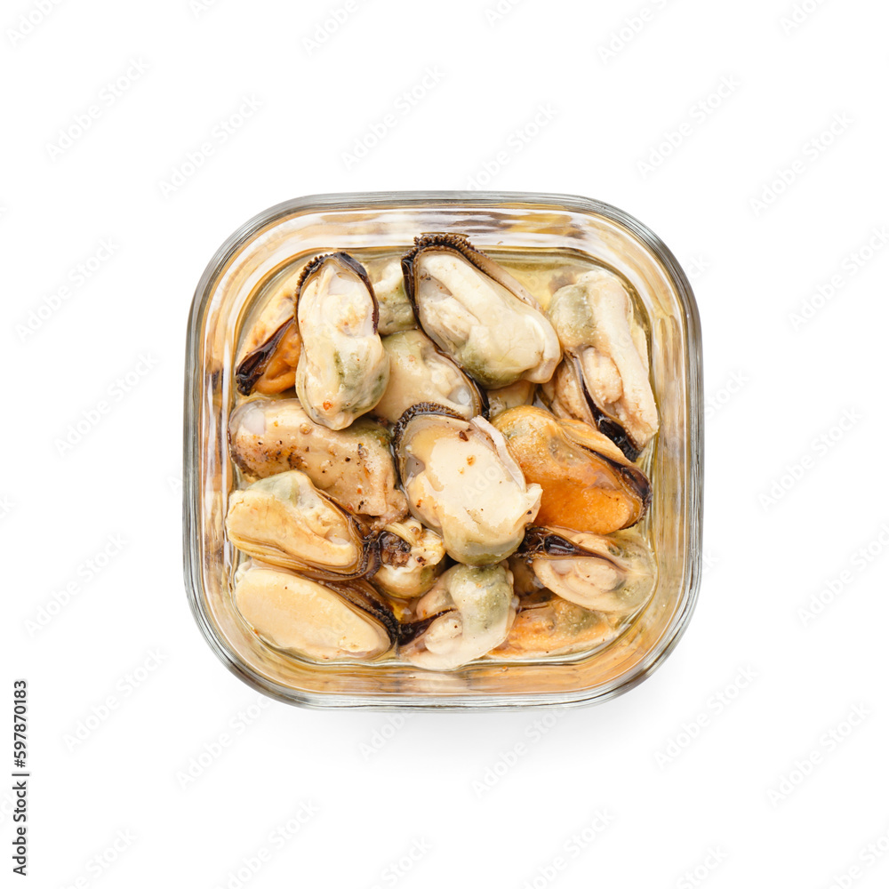 Marinated mussels in glass bowl on white background Marinated mussels in glass bowl on white background