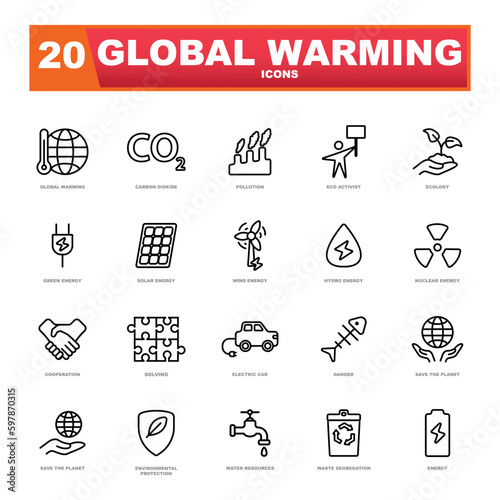 Thin line global warming and environmental protection icon on white background.
