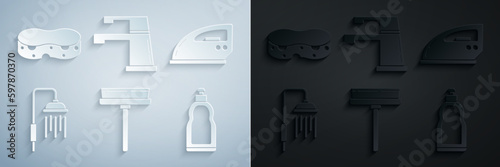 Set Squeegee, scraper, wiper, Electric iron, Shower head with water drops flowing, Plastic bottles for liquid dishwashing liquid, Water tap and Sponge icon. Vector