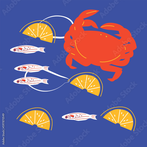 Seafood in flat abstract vector. Shrimps or lobster, crab illustration. Seafood concept on white background. Lobster, crab modern still life. Vector design for fish platters, shrimps or lobster crab.