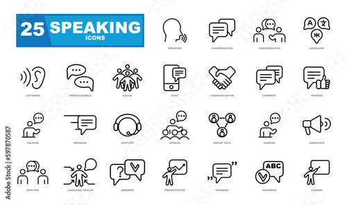 Speaking icons collection. Talk, speech, discussion, dialog, speaking, chat, conference, meeting icon set in thin line style photo