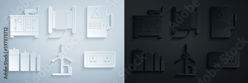 Set Wind turbine, Electrical panel, Battery, outlet, Wire electric cable on reel or drum and Diesel power generator icon. Vector