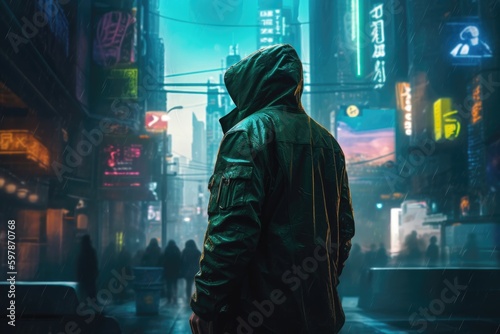 Futuristic cityscape at night, with a neon green and blue color scheme and a person wearing a cyberpunk jacket. Generative AI