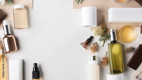 Cosmetics box with set of bottles. Illustration AI Generative.