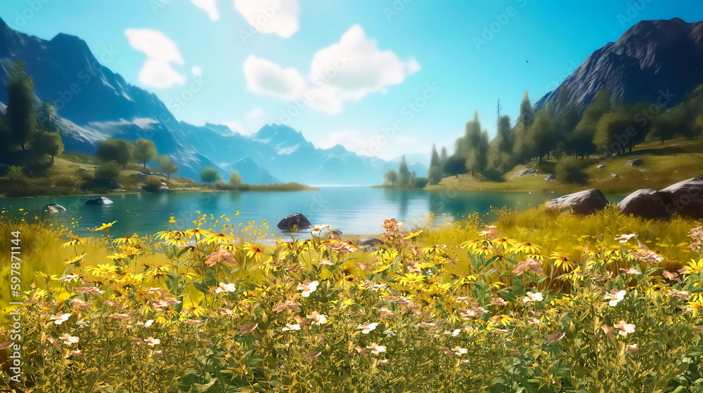 Obraz premium wild flowers on field on horizon Mountains and trees , blue sky with white clouds floral nature landscape,generated ai