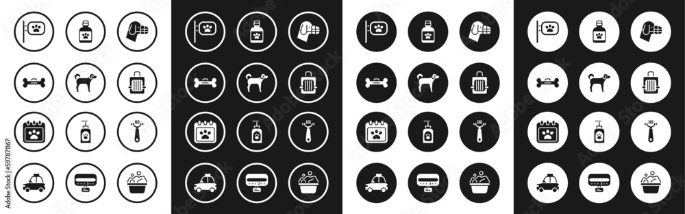 Set Dog in muzzle, bone, Pet grooming, carry case, medicine bottle, Hair brush for dog and cat and Calendar icon. Vector Set Dog in muzzle, bone, Pet grooming, carry case, medicine bottle, Hair brush for dog and cat and Calendar icon. Vector