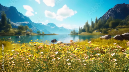  wild flowers on field on horizon Mountains and trees , blue sky with white clouds floral nature landscape,generated ai