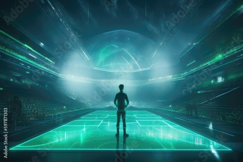 Futuristic sports arena with holographic technology, with a green and blue color scheme and a person wearing a sports uniform. Generative AI