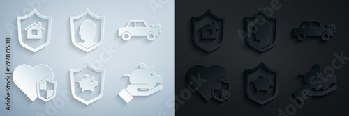 Set Piggy bank with shield, Car, Life insurance, hand, and House icon. Vector