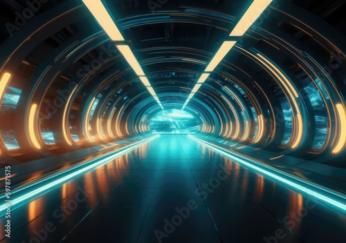 Futuristic tunnel and road in night background, in the style of light orange and cyan. Generative AI