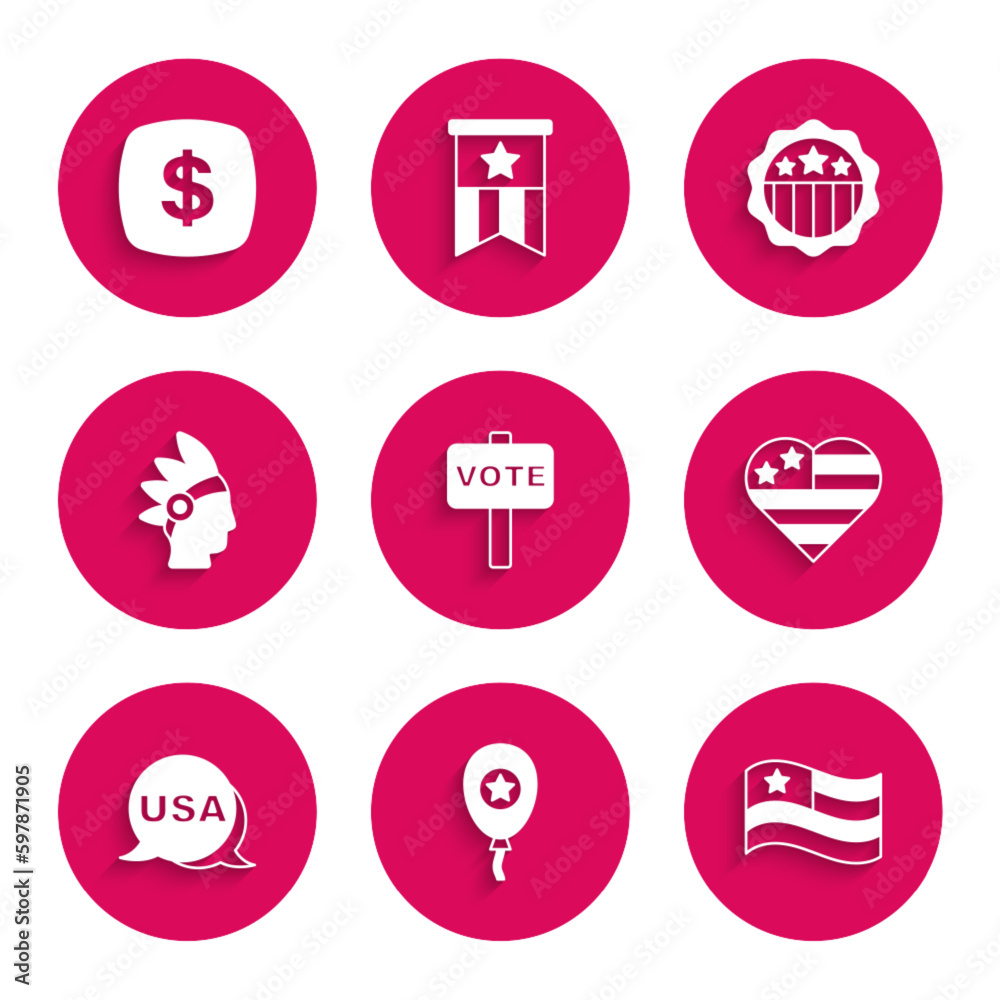 Set Vote, Balloons, American flag, USA Independence day, Native Indian, and Dollar symbol icon. Vector Set Vote, Balloons, American flag, USA Independence day, Native Indian, and Dollar symbol icon. Vector