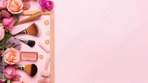Pink background with cosmetic products. Illustration AI Generative.