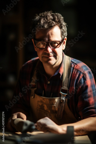 A skilled carpenter meticulously works in his sunlit workshop, showcasing his craftsmanship and expertise as he creates masterpieces in wood on a bright, sunny day. .Generative AI