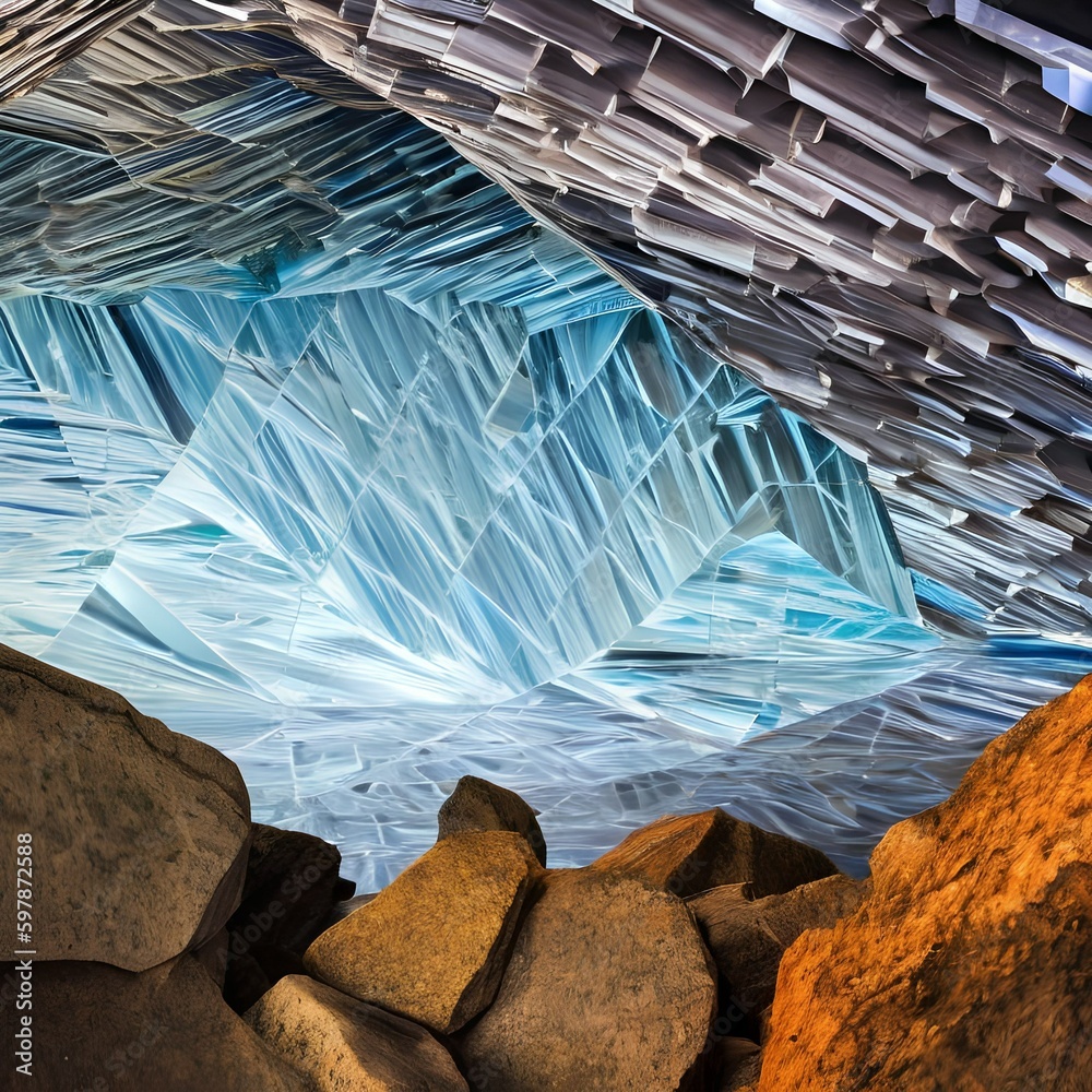 An abstract interpretation of a crystal cave, with textured and patterned shapes resembling the natural and organic structures of a crystal cave3, Generative AI