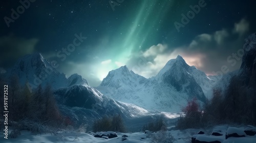 Платно Aurora borealis in a mountainous snowy landscape. Generative AI