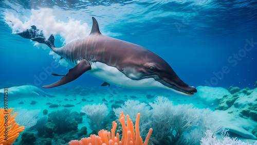 Dolphin swimming in the under sea   Beautiful Underwater and colorfull coral in wild nature of the Pacific Ocean.   Generative AI 