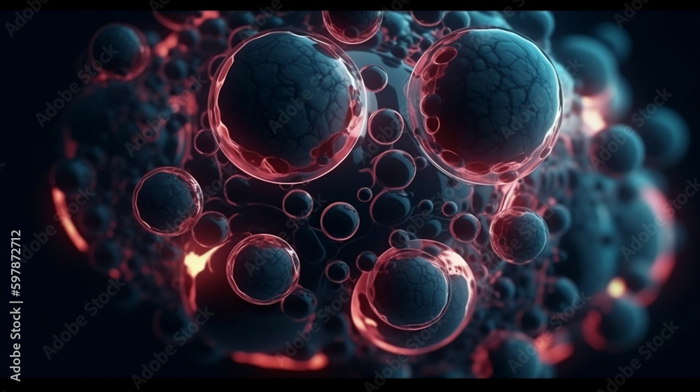 Cells under a microscope. Cell division. Cellular Therapy. 3d illustration on a dark background, Generative Ai